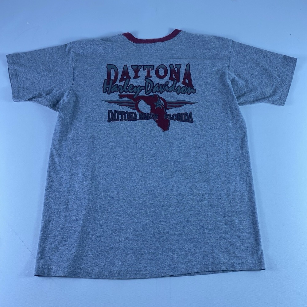 Harley Davidson T-Shirt Mens XL Grey Red Short Sleeve Motorcycle Ringer Tee Vtg